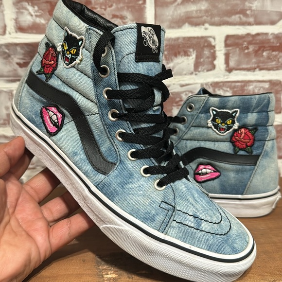 Vans Sk8 Hi Denim Patches Acid Wash Women’s Sz 10 - Picture 1 of 11
